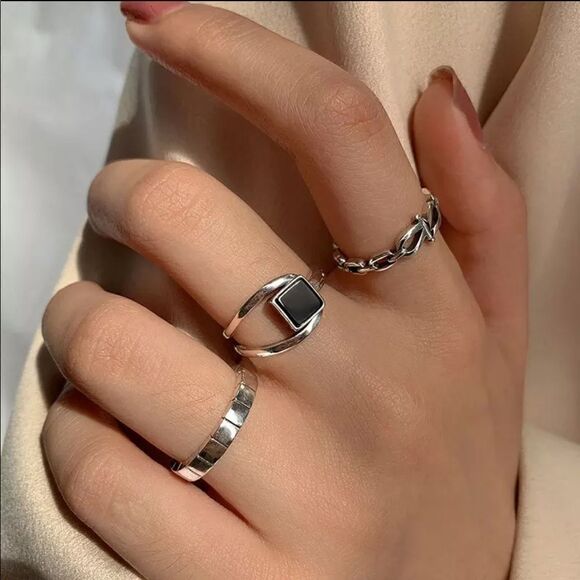 #23 Two Ring Set NEW 925 Sterling Silver Black Onyx Ring & Sterling Link Ring - Picture 1 of 10